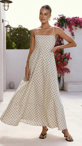 Nicole Spaghetti Strap Maxi Dress - Beige/Black Polka Dot