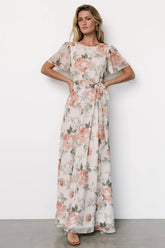 Naomi Short Sleeve Maxi Dress | Ivory + Coral Floral