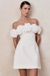 Florinda | White Boucle Floral-Bardot Neck Mini Dress