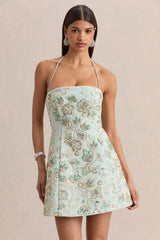Brianna | Mint Floral Embellished Square-Neck Mini Dress
