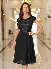 Sequin Lace Ruffle Trim Chiffon Cocktail Party Swing Dress for Weddings, Proms & Formal Events