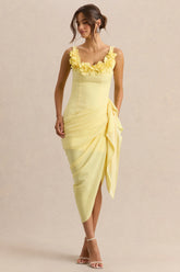 Letitia | Lemon Square-Neck Floral Detailed Wrap Midi Dress