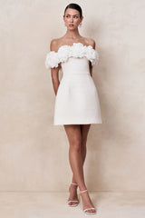 Florinda | White Boucle Floral-Bardot Neck Mini Dress