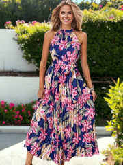 Halter Floral Printed Waist Belted Pleated Maxi Dress