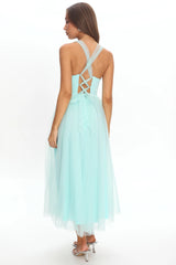 Surreal Lace-Up Back Tulle Midi Dress Mint