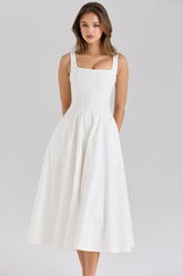Mariabella-White Stretch Cotton Midi Sundress