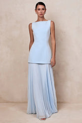 Powder Blue Boat-Neck Maxi Dress With Drop-Waist
