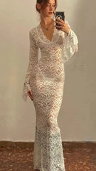 Elegant Lace See Through V-neck Maxi Sexy Dress,White Prom Dress Y4608
