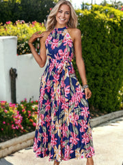 Halter Floral Printed Waist Belted Pleated Maxi Dress
