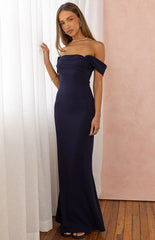 Ella Navy Off Shoulder Crepe Formal Maxi Dress