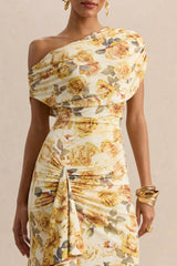 Siora | Lemon Rose Print Asymmetric-Neck Maxi Dress With Draped-Detailing