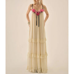 3D Floral Spaghett Strap Tiered Ruffle Maxi Dress