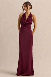 Aralisse | Burgundy Satin Cowl-Neck Maxi Dress