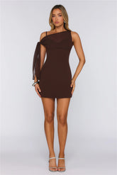Nyra One Shoulder Mini Dress Chocolate