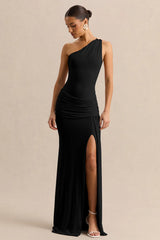 Black Asymmetric-Neck Maxi Dress With Gold-Detail And Front-High Split