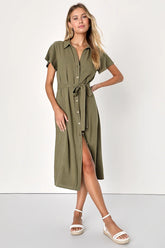 Italian Summer Olive Green Linen Button-Up Short Sleeve Dress