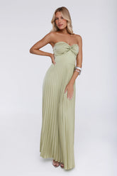 Sassy Sunshine Satin Pleated Strapless Maxi Dress Green