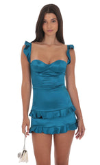 Satin Ruffle Bodycon Dress in Cobalt