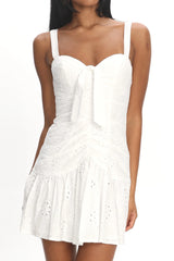 Rachelle Tied Bust Ruched Mini Dress Eyelet White