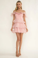 Rosira Off-Shoulder Ruffle Mini Dress Pink