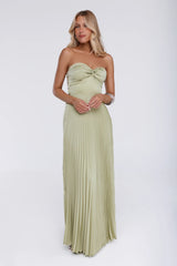 Sassy Sunshine Satin Pleated Strapless Maxi Dress Green