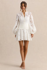 Helena | White Crew-Neck Mini Dress With Puff-Sleeves and Pleated Skirt