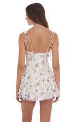 Textured Floral Purple Ruffle Dress in White