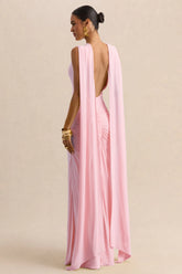 Premiere | Light Pink Boat-Neck Maxi Dress With Cape-Sleeves And Open-Back