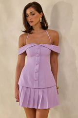 Celeta | Lilac Bardot-Neck Mini Dress With Button-Detailing And Pleated-Hem