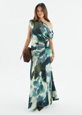 Flirtini One Shoulder Maxi Dress - Forest Abstract