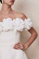 Florinda | White Boucle Floral-Bardot Neck Mini Dress