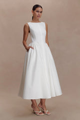 Monika Gathered Waist Cotton Midi Dress - White