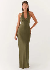 Heavy Hearted Satin Maxi Dress - Khaki