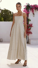 Nicole Spaghetti Strap Maxi Dress - Beige/Black Polka Dot