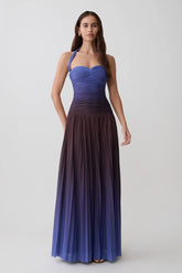Azizi Pleated Halter Midi Dress - Chocolate & Blue Ombre Print