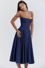 String Shoulder Solid Blue Women's Dress
