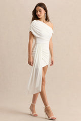 Dalina | White Asymmetric-Neck Mini Dress With Sash-Detail