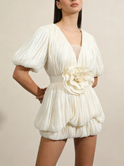 Ruched Deep V Neck Puff Sleeve 3D Flower Mini Dress