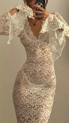 Elegant Lace See Through V-neck Maxi Sexy Dress,White Prom Dress Y4608