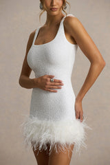 Rosalinda | White Sequin Square-Neck Mini Dress With Feather Trim