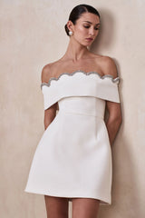 Norella | White Scalloped Bardot-Neck Mini Dress