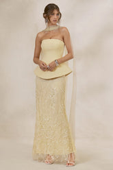 Lorna | Lemon Bandeau Maxi Dress With Scarf