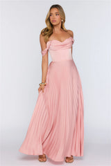 Elegant Glow Pleated Off Shoulder Maxi Dress Pink