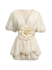 Ruched Deep V Neck Puff Sleeve 3D Flower Mini Dress