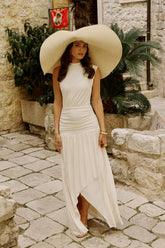 Cream High-Neck Maxi Dress Gathered-Detailing