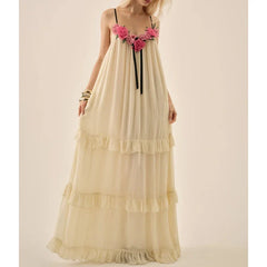 3D Floral Spaghett Strap Tiered Ruffle Maxi Dress