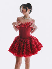 Red Strapless 3D Flower Ruffle Tulle Mini Dress