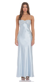 Sequin Bust Satin Maxi Dress in Light Blue