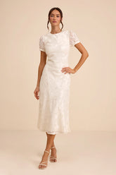 Bridget Ivory Floral Jacquard Puff Sleeve Midi Dress