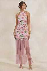 Pink Floral Print Lace Halter-Neck Fringed Maxi Dress